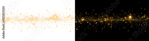 Abstract golden glowing particles and bokeh on a black background. Festive gold dust overlay effect for luxury, magic, or holiday designs.