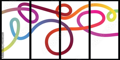 Vibrant multicolored swirling lines art piece on white background divided into five panels
