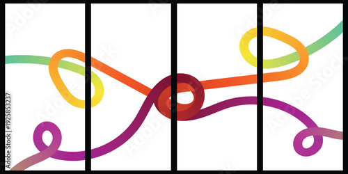 Vibrant multicolored swirling lines art piece with intersecting loops and curves on white background divided into five panels