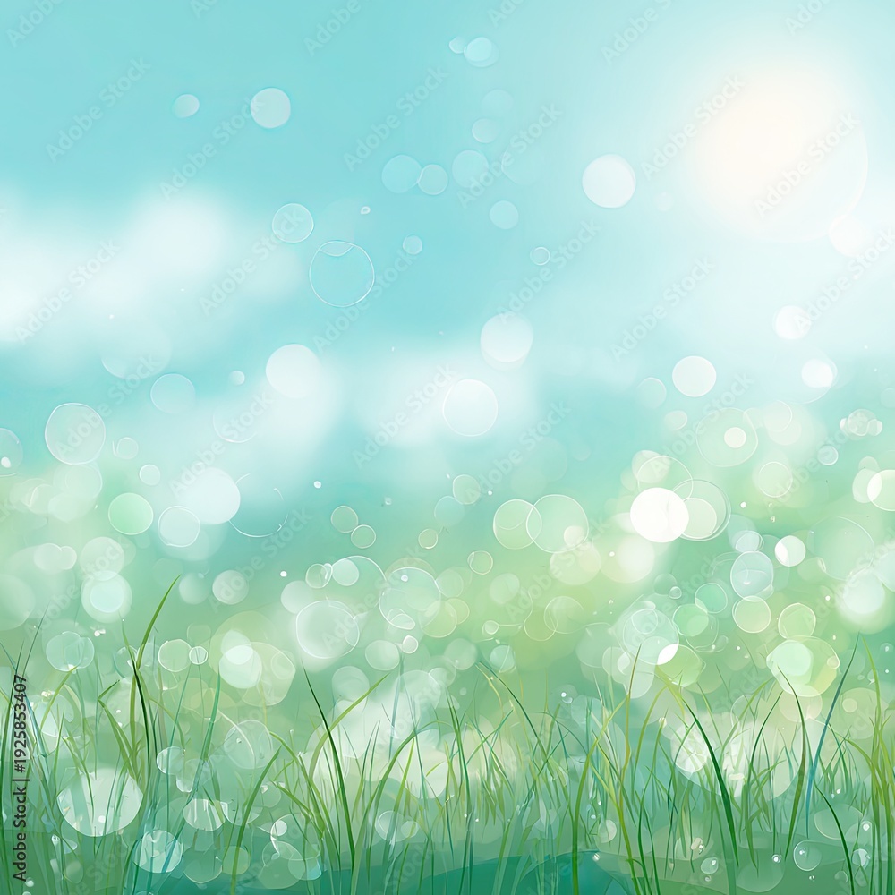 Fototapeta premium Sunny bokeh meadow with grass, sky, and diffused light
