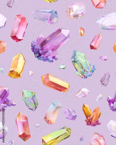 Colorful crystals float against a light purple background