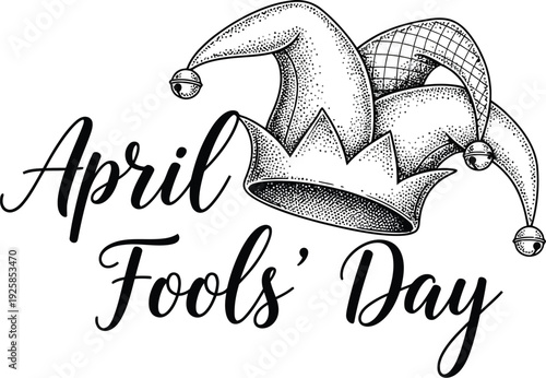 Jester's hat illustration marks the date for April Fools' Day celebration with vintage etching style.