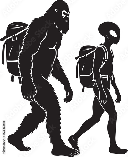 bigfoot and alien hiking silhouette