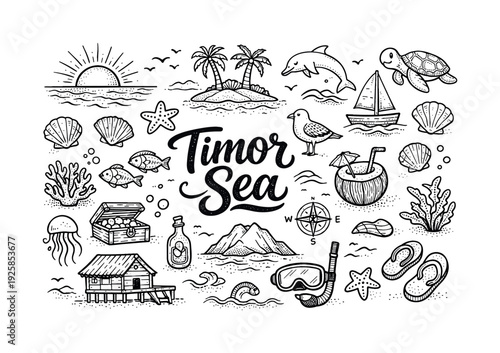 Scenic Timor Sea view, hand drawn doodle elements set, center hand-lettered title, black & white vector line art, bold clean