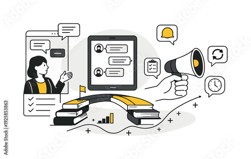 Modern minimal flat vector conceptual collage, crisp hard edges, consistent THIN outline stroke, rounded corners where needed,