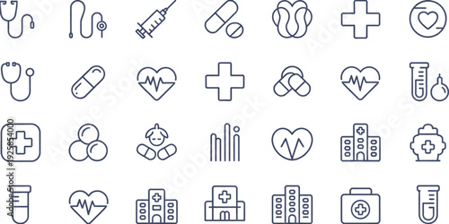 A collection of medical icons representing healthcare and wellness in a clean vector illustration, showcasing various medical elements from different viewpoints.