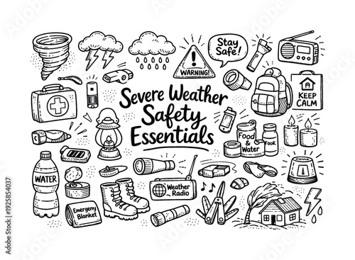 Severe weather safety essentials, hand drawn doodle elements set, center hand-lettered title, black & white vector line art, bold