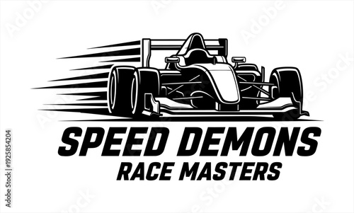 Dynamic monochrome racing car logo with Speed Demons Race Masters text, symbolizing speed and competition.