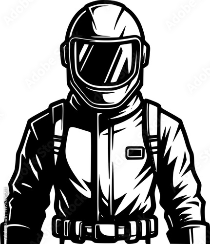 Stylized monochrome illustration of a figure wearing a protectiv
