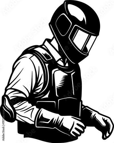 Stylized monochrome illustration of a figure wearing a protectiv
