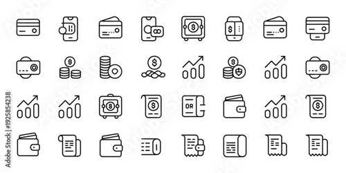 A collection of business and finance icons in a grid layout, featuring charts, graphs, and documents in a simple line art style.
