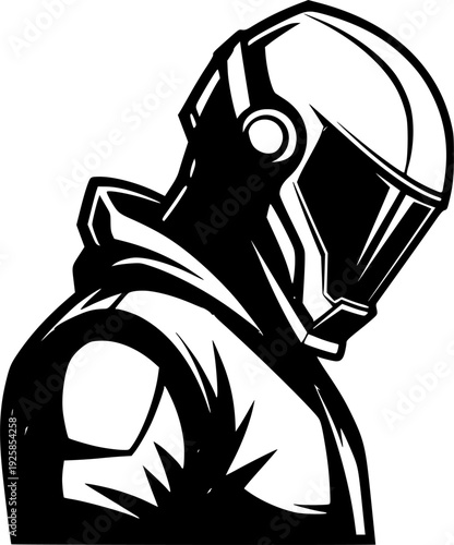Stylized monochrome illustration of a figure wearing a protectiv
