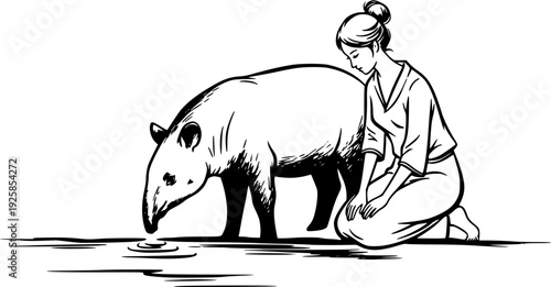 Sumi-e illustration of a woman and tapir at watering place, mini
