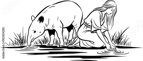 Sumi-e illustration of a woman and tapir at watering place, mini
