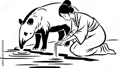 Sumi-e illustration of a woman and tapir at watering place, mini
