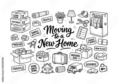 Relocation moving boxes set, hand drawn doodle elements set, center hand-lettered title, black & white vector line art, bold