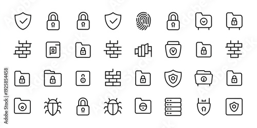 A collection of 30 security icons in a clean vector illustration set, featuring various lock and shield symbols on a simple background.