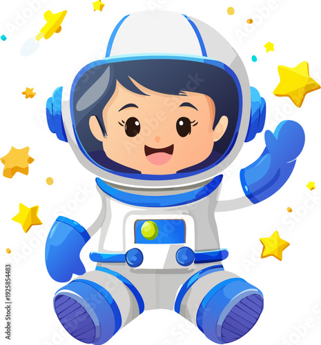Cartoon astronaut girl in space suit with stars.