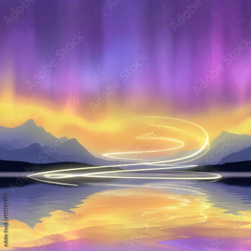 Aurora borealis painting with light over water, distant mountains