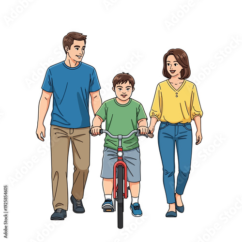 Family walking with child riding bicycle, enjoying quality time