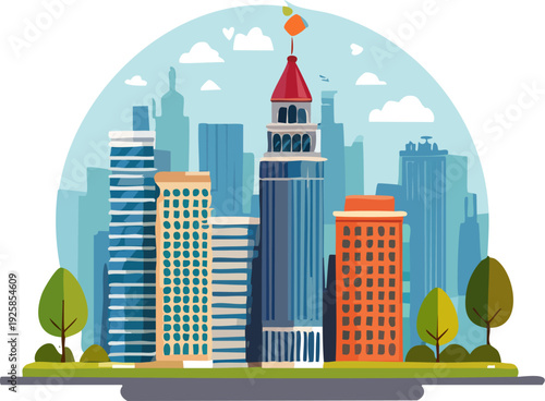 Cityscape with modern buildings and trees in a flat design.