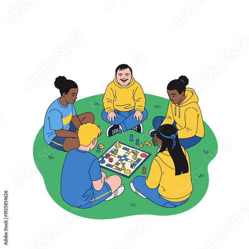 Group of children playing board games on a green lawn