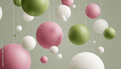 Spheres hanging, pink, white, green, varied sizes, 3D render