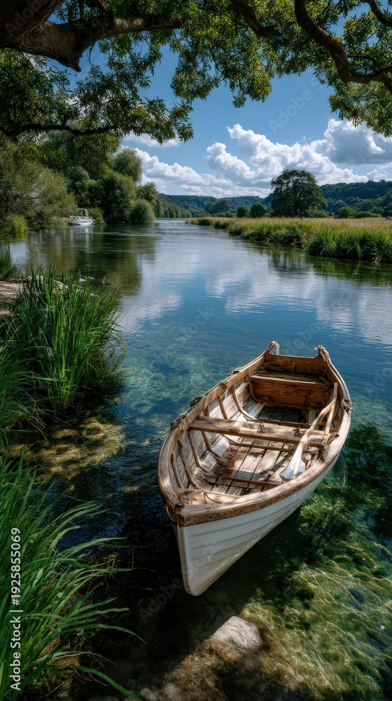 Obraz premium Serene wooden boat on calm river