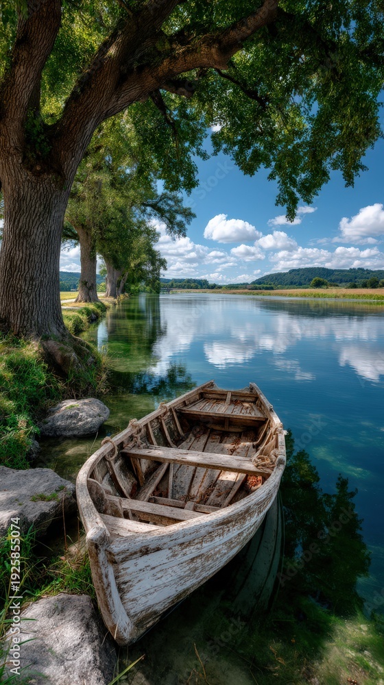 Obraz premium Serene wooden boat on calm river
