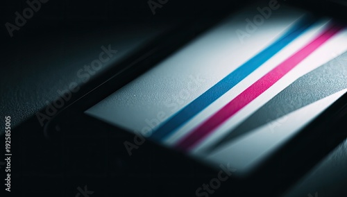 Phone screen displays abstract blue/pink stripes on white