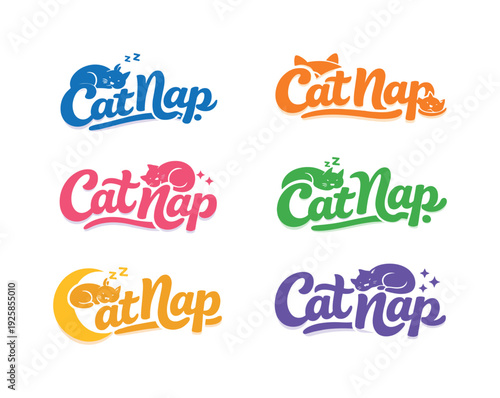 Clean flat holiday banner set illustration featuring modern lettering logo set for Cat Nap, stock marketplace–ready lettering