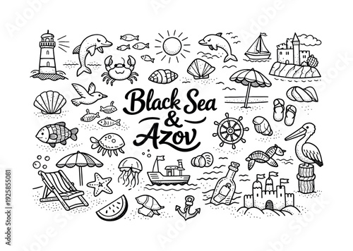Black Sea Azov scenic icons, hand drawn doodle elements set, center hand-lettered title, black & white vector line art, bold