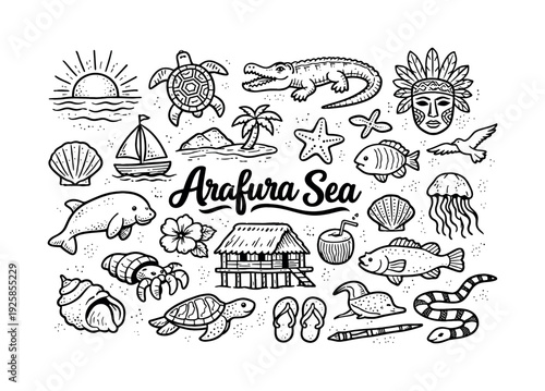 Arafura Sea scenic icons, hand drawn doodle elements set, center hand-lettered title, black & white vector line art, bold clean