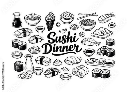 Traditional sushi dinner items, hand drawn doodle elements set, center hand-lettered title, black & white vector line art, bold