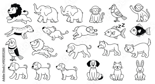 Set of people silhouettes and icons featuring a cute cartoon animal vector illustration pattern with a baby dog, cat, and lion drawing for a seamless farm nature design