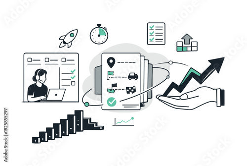 Modern minimal flat vector conceptual collage, crisp hard edges, consistent THIN outline stroke, rounded corners where needed,