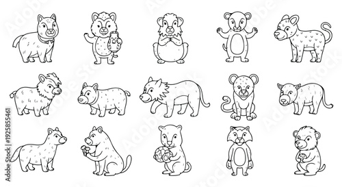 A funny set of baby animal icons featuring a cartoon cat, dog, bear, and elephant in a seamless vector illustration pattern designed for children