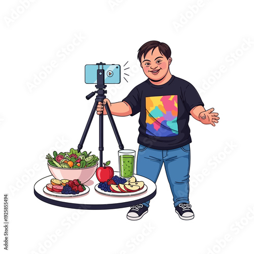 Man recording a vlog with healthy food on a white background
