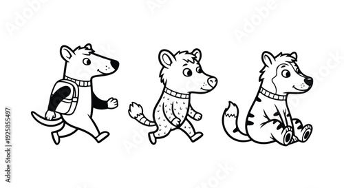 Cute vector illustration set of a funny cartoon dog with a bone, a puppy and cat character, and a cute brown teddy bear toy for baby childhood art