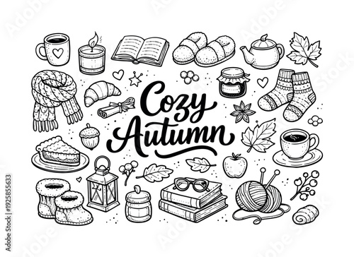 Autumn Comfort Doodles. Warm autumn comfort items, hand drawn doodle elements set, center hand-lettered title, black & white