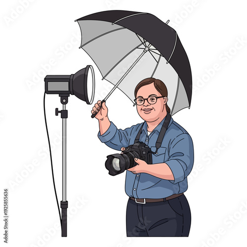 A photographer holds an umbrella in the studio with the lighting