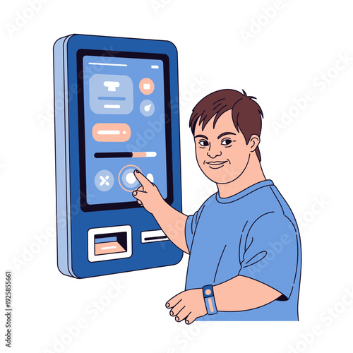 Man with Down syndrome uses touch screen at a self service kiosk