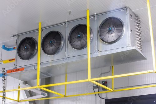 Photos industrial cold storage room with large, ceiling-mounted  with evaporator fan un