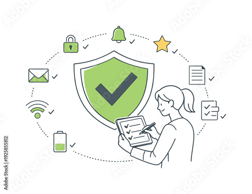 Remote security and governance checkpoint scene with a large shield hero symbol behind a tablet audit card, character verifying