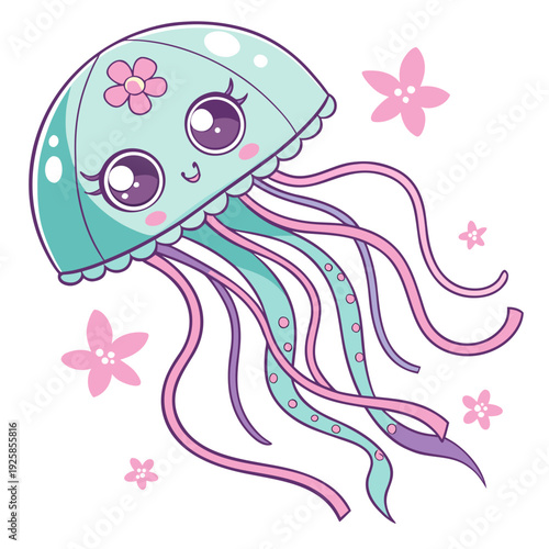 Adorable kawaii jellyfish with sparkling eyes and pink floral accents, cute marine character illustration