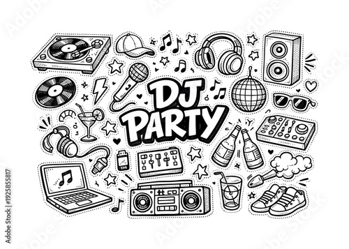 Nightlife DJ party gear set, hand drawn doodle elements set, center hand-lettered title, black & white vector line art, bold