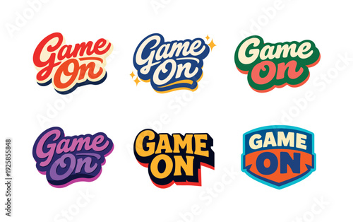 Modern holiday banner with short greeting slogan featuring modern lettering logo set for Game On with six logo-ready