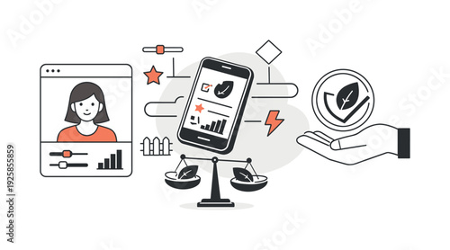 Modern minimal flat vector conceptual collage, crisp hard edges, consistent THIN outline stroke, rounded corners where needed,