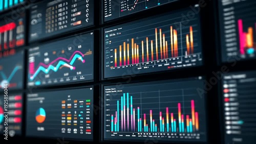Numerous monitors display brightly colored, diverse data visualizations and graphs