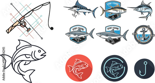 A comprehensive vector set of fish icons and sea animal illustrations featuring artistic silhouette designs for transport, travel, and sport vehicle logos in a clean cartoon sketch style